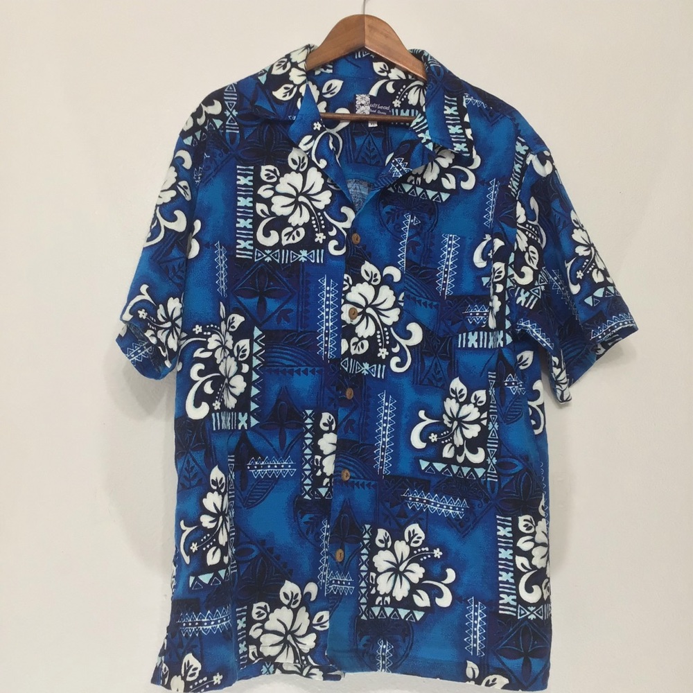 Vintage BULLHEAD Men Hawaiian Blue Short Sleeve XL